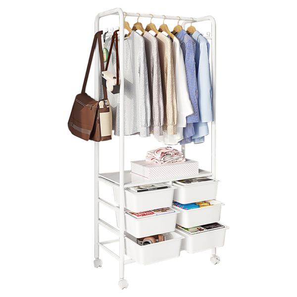 Metal Open Wardrobe Modern Storage Cabinet Clothes Drawers Hanger Coat Rack 156cm 6 Boxes Wheels