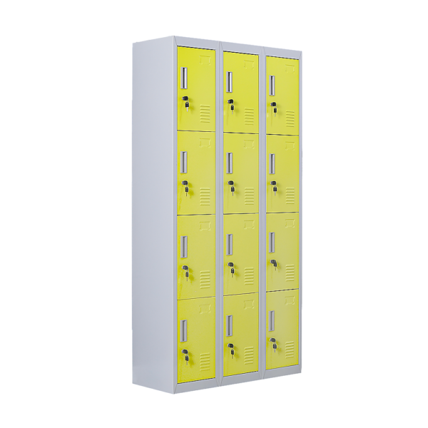 12 Door Locker for Office Gym Shed School Home Storage Standard Lock with 2 Keys. Grey with Yellow Door. Durable Cold Rolled Steel.