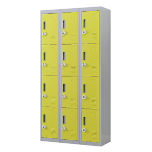 12 Door Locker for Office Gym Shed School Home Storage 3 Digit Combination Lock. Grey/Yellow. Durable Ventilated Customizable.