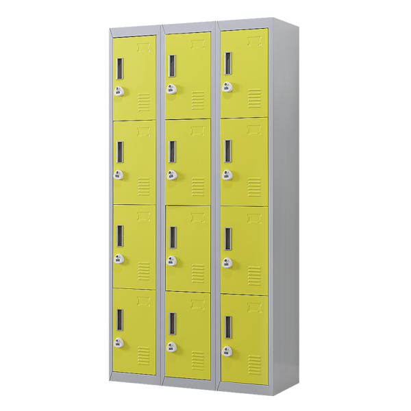 12 Door Locker for Office Gym Shed School Home Storage 3 Digit Combination Lock. Grey/Yellow. Durable Ventilated Customizable.