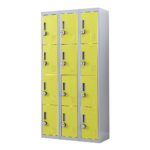 12 Door Locker for Office Gym Shed School Home Storage 4 Digit Combination Lock. Grey with Yellow Door. Durable Ventilated Customizable.