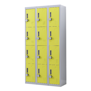 12 Door Locker for Office Gym Shed School Home Storage 4 Digit Combination Lock. Grey with Yellow Door. Durable Ventilated Customizable.