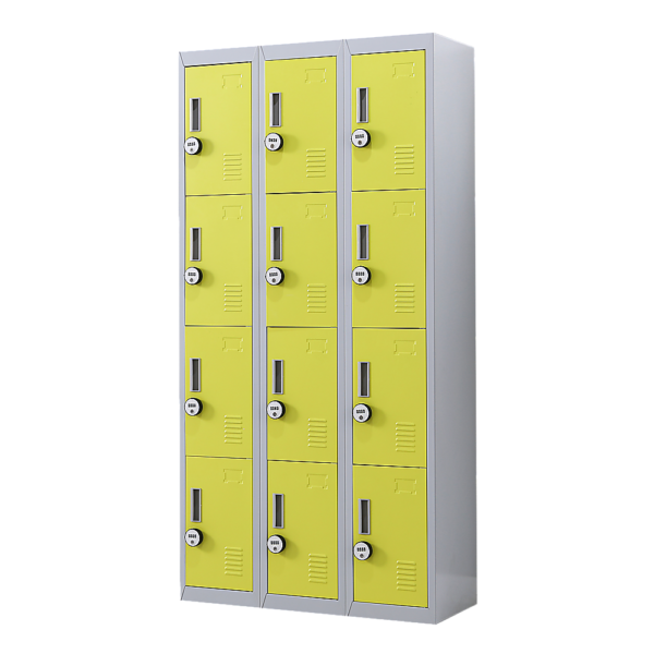 12 Door Locker for Office Gym Shed School Home Storage 4 Digit Combination Lock. Grey with Yellow Door. Durable Ventilated Customizable.