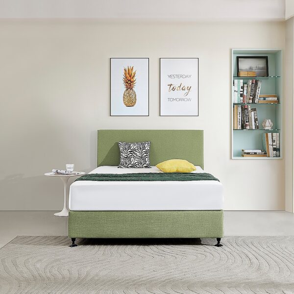 Linen Fabric Double Bed Deluxe Headboard Olive Green. Modern Elegance Long Lasting Linen Customisable Height Removable Cover.