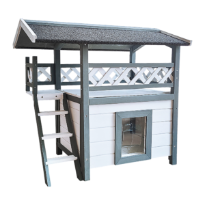 Cat House Weatherproof 2 Story Wooden Shelter Multi Tier Design Stair Steps Lattice Balcony