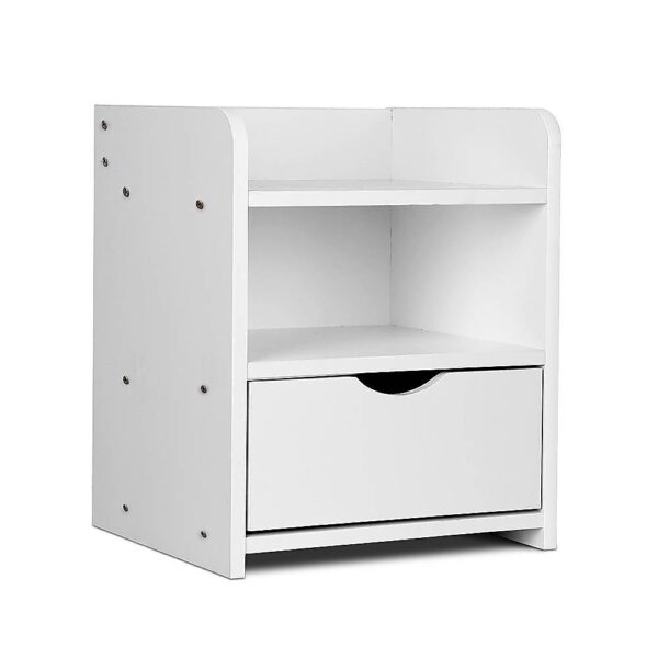 Fara Bedside Table Drawer Shelf Bedroom Storage White MDF Rounded Corners