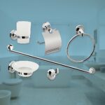 Bathroom Accessories Set 6 Piece Pack Chrome Wall Mount Easy Fittings Tumbler Soap Dish Towel Ring Rail Hook Roll Holder