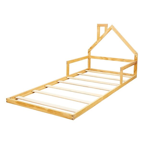 Pine Wood Floor Bed House Frame for Kids and Toddlers  Toddler Bedroom Furniture with Adjustable Chimney and Rounded Corners Fits Standard Single Mattress 194x95.5x88.5cm