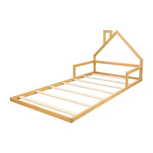 Pine Wood Floor Bed House Frame for Kids and Toddlers  Toddler Bedroom Furniture with Adjustable Chimney Fits King Single Mattress Rounded Corners Handmade Size: King Single