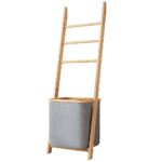 Wall Leaning Ladder Shelf with Laundry Basket Clothes Hamper Bath Towel Rack in Grey