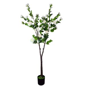 Flowering Natural White Artificial Camellia Tree 180cm Realistic Hand Crafted Trunk & Lush Green Leaves