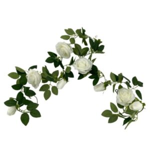 Artificial White Rose Garland 190cm Realistic Roses & Lush Green Leaves for Weddings & Home Decor