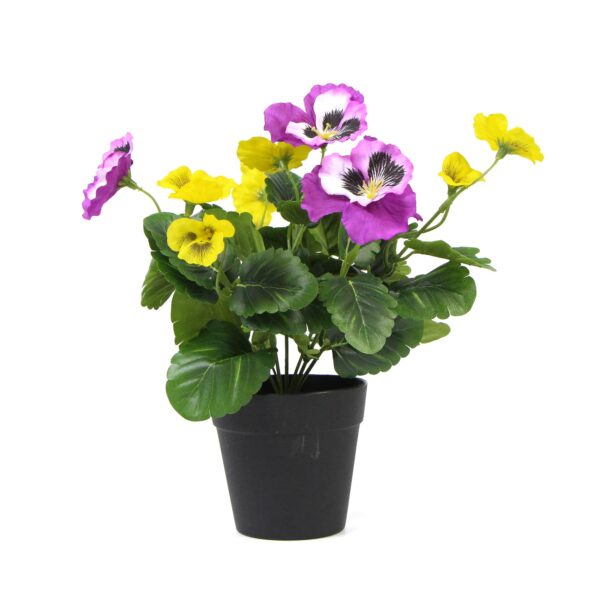 Mixed Pink and Yellow Flowering Potted Artificial Pansy Plants Realistic Look 25cm Height Easy to Clean