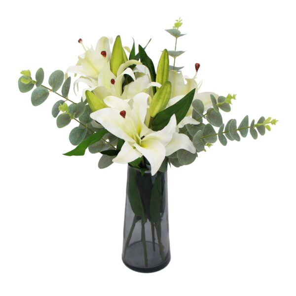 Premium Faux White Lily In Glass Vase Real Touch Tiger Lily Bouquet With Eucalyptus 45cm