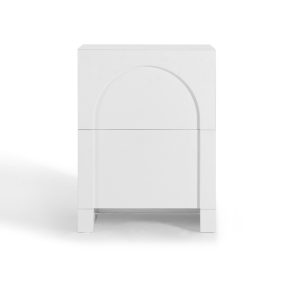 Minimalist White Bedside Table Sleek Arch Detail Spacious Storage Versatile