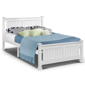 Double Size Wooden Bed Frame Sturdy Pine Construction Eco Friendly White Finish