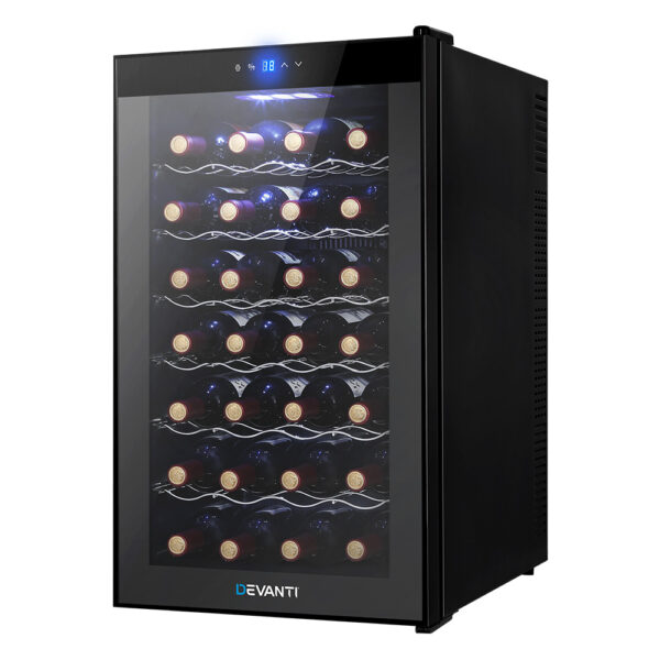 Wine Cooler Fridge Thermoelectric Adjustable Temperature UV resistant LED Light Silent Operation Eco friendly 28 Bottle Storage