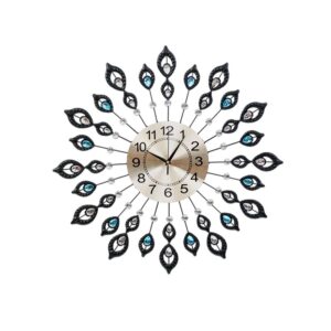 Peacock Wall Clock Large Modern Crystal Luxury Home Decor Metal Rust Proof Black