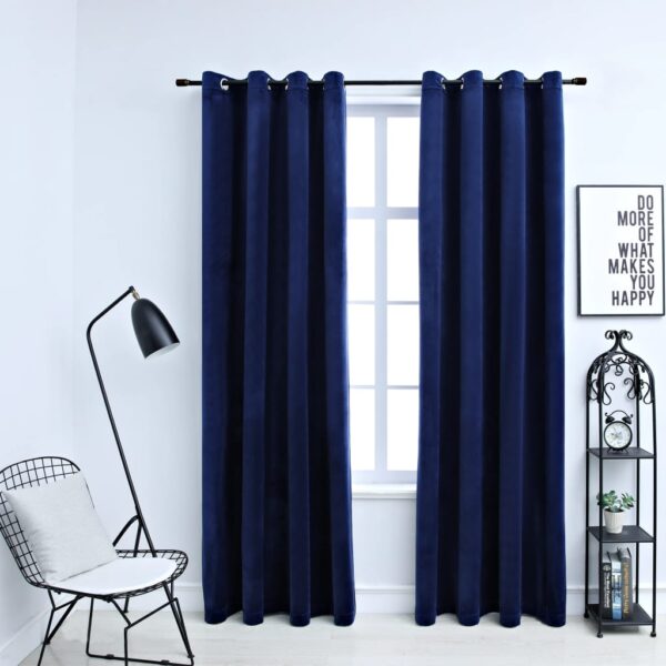 Luxurious Velvet Blackout Curtains Dark Blue Privacy Drapes with Rings Set of 2