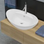 Luxury Ceramic Oval Wash Basin High Gloss White with Overflow Faucet Hole