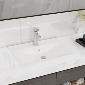 Luxury Ceramic Rectangular Sink White Gloss Finish Easy Clean Faucet Hole