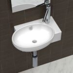 Modern White Ceramic Bathroom Sink Basin with Faucet Hole & Overflow - Wall Mount