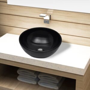 Elegant Black Ceramic Vessel Sink High Gloss Above Counter Round Bathroom Basin