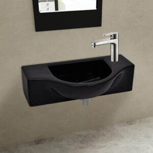 Ceramic Black Gloss Bathroom Sink Basin Wall Hung Vessel Easy Clean Modern Design