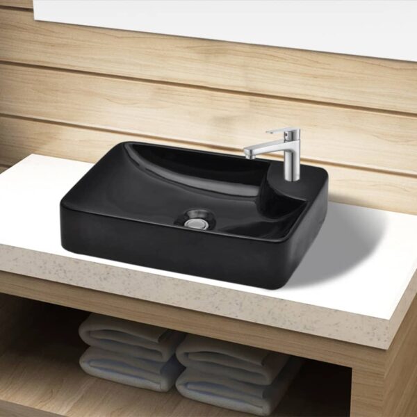 Ceramic High Gloss Black Bathroom Sink Basin Above Counter with Faucet Hole