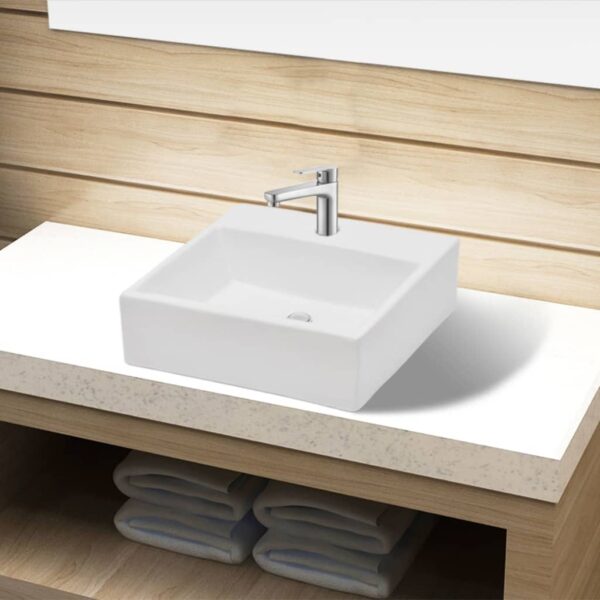 Ceramic White Square Bathroom Sink Basin High Gloss Above Counter Wall Mount