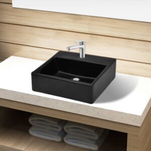 Elegant Ceramic Vessel Sink Basin Black Square Gloss Above Counter Wall Mount