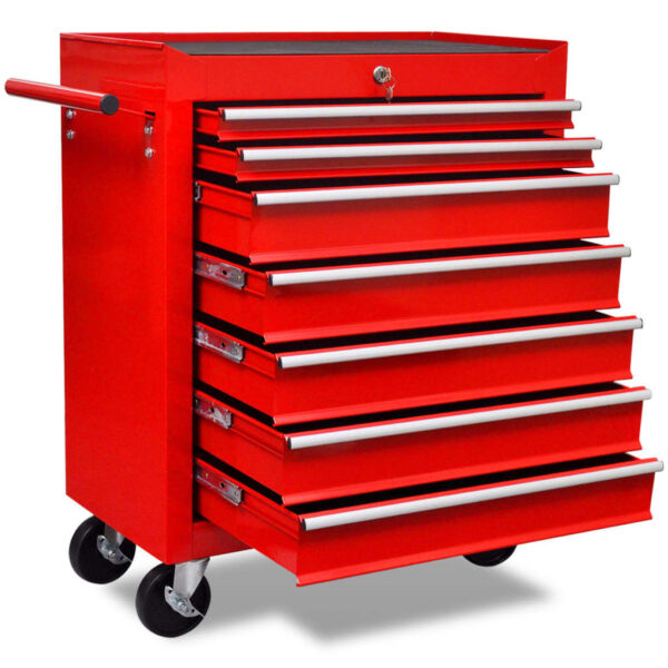 Red Steel Workshop Tool Storage Trolley Cart with Lockable Sliding Drawers