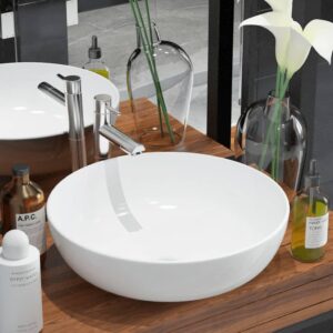 Elegant White Ceramic Wash Basin Vessel Above Counter Round Bathroom Sink