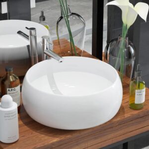 Elegant Ceramic White Round Wash Basin Vessel Above Counter Easy Clean Modern Design