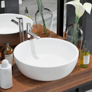 Elegant White Ceramic Wash Basin Vessel Above Counter Round Bathroom Sink Easy Clean