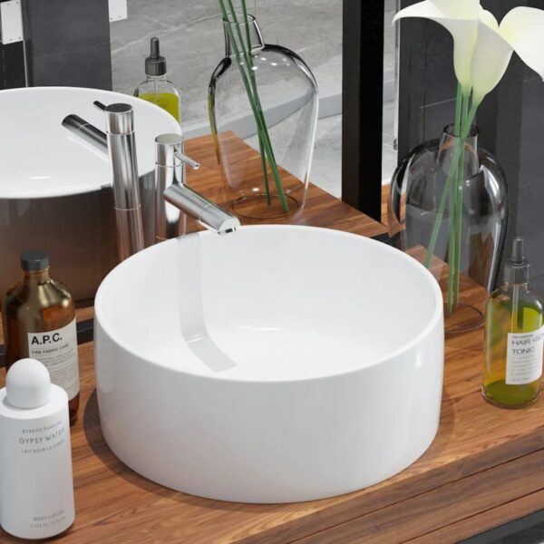 Elegant Ceramic White Round Wash Basin Vessel Above Counter Easy Clean Modern Design