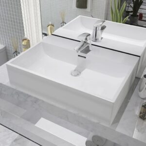 Ceramic White Wash Basin Vessel Sink Modern Elegant Design Overflow Easy Clean