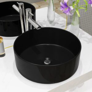 Elegant Round Ceramic Vessel Sink Black Above Counter Wash Basin Easy Clean