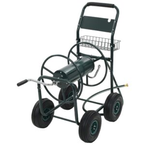 Durable Steel Garden Hose Reel Cart with Organizer Basket Green Outdoor Tool