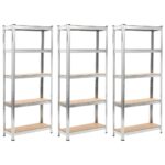 Adjustable Heavy Duty Storage Rack Silver Steel Wood Shelves Organizer Set of 3