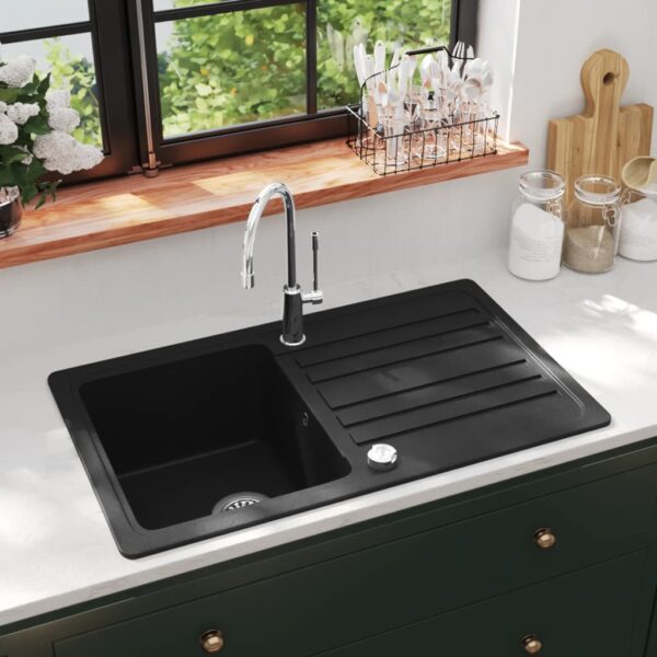 Granite Kitchen Sink Single Basin Reversible Drainer Scratch Resistant Black