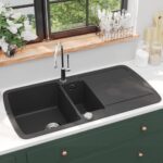 Granite Double Basin Kitchen Sink Scratch Resistant with Drainer Black Overmount