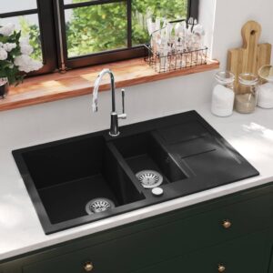 Granite Double Basin Kitchen Sink Overmount Reversible Scratch Resistant Black