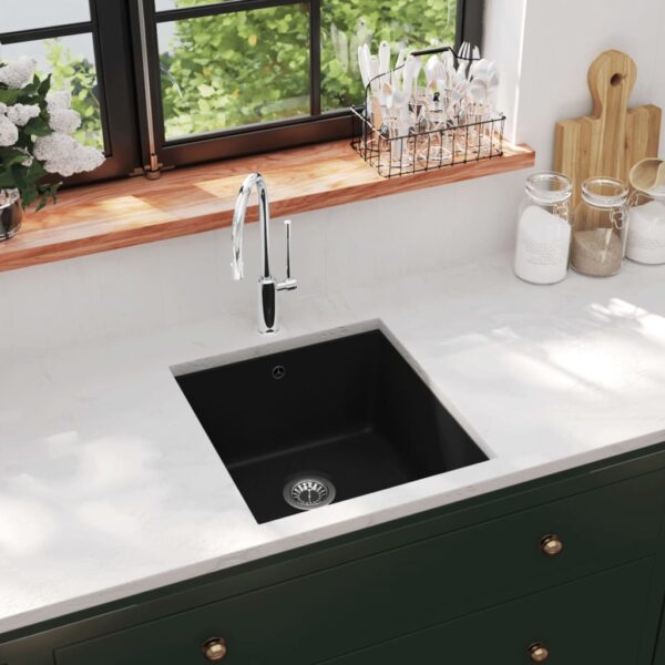 Granite Kitchen Sink Single Basin Undermount Scratch Resistant Black with Strainer