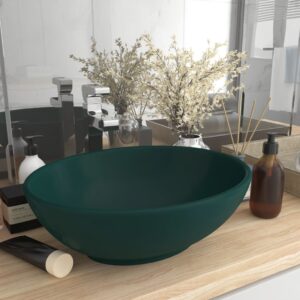 Luxury Oval Ceramic Wash Basin Matt Dark Green Above Counter Elegant Design