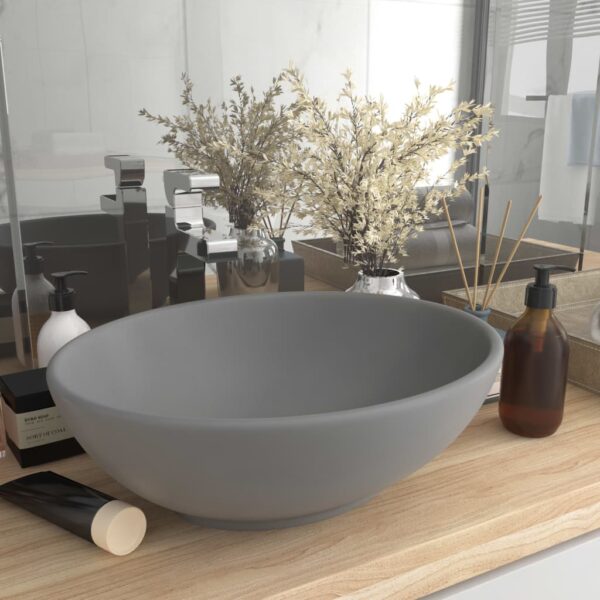 Luxury Ceramic Oval Wash Basin Matt Light Grey Above Counter Elegant Design