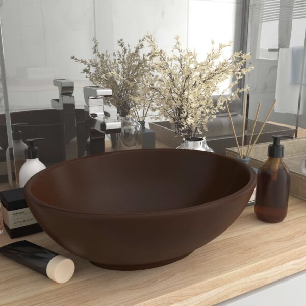 Luxury Oval Ceramic Wash Basin Matt Dark Brown Above Counter Elegant Design