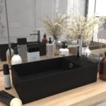 Contemporary Matt Black Ceramic Bathroom Sink Above Counter with Overflow Hole