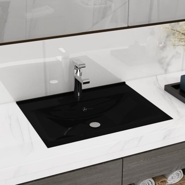 Luxury Ceramic Wash Basin Matt Black Rectangular Wall Hung Built-in Sink with Overflow