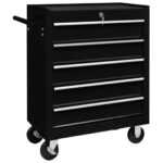 Heavy Duty Steel Workshop Tool Cart Trolley Five Drawers Lockable Storage Black